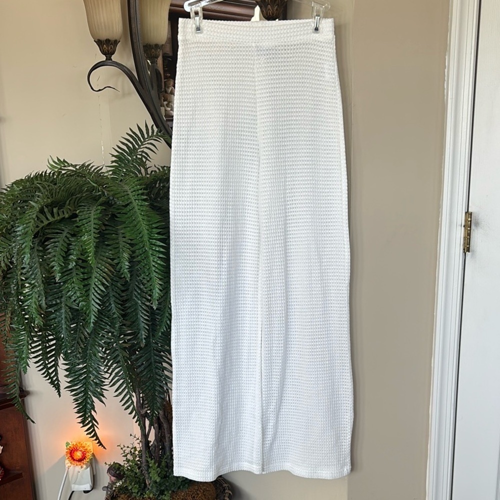 Princess Polly White Waffle Knit Wide Leg Casual Beach Pants Stretch Waist